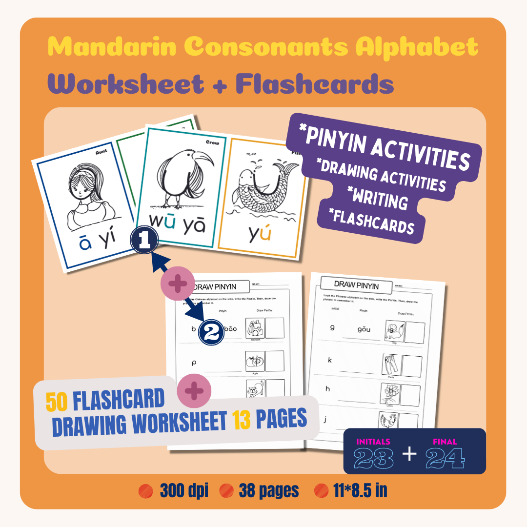 Mandarin Consonants Alphabet Pack | Flashcards and Drawing Worksheets
