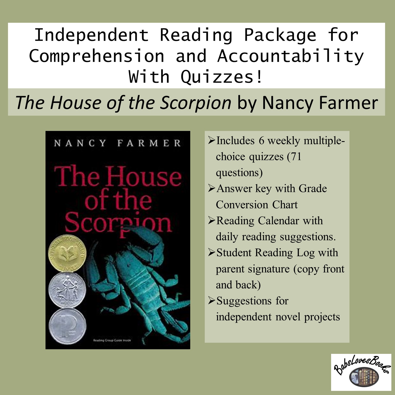The House of the Scorpion Independent Reading Package with Quizzes!