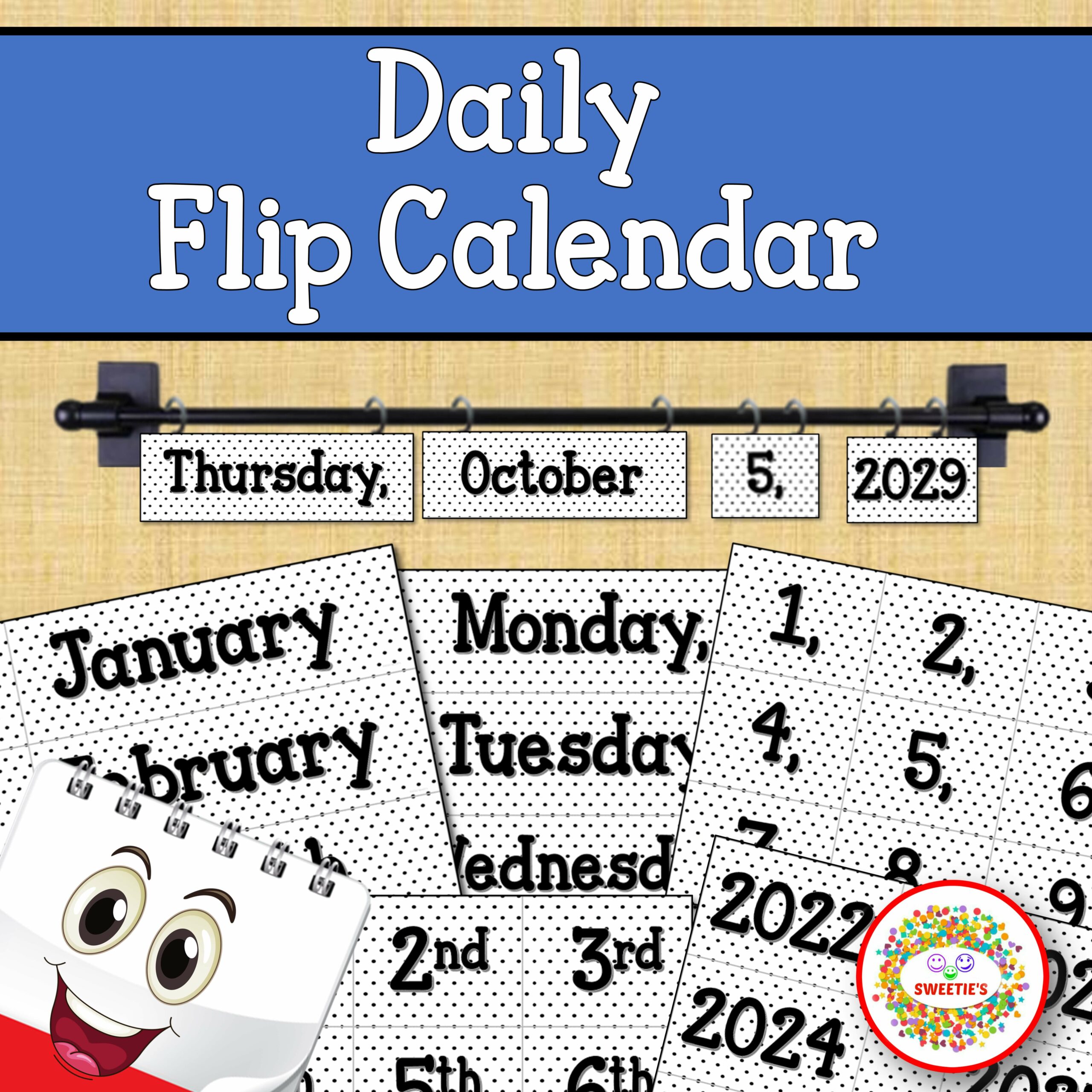 Daily Flip Calendar 2022 to 2051 Black and White Polka Dot Theme