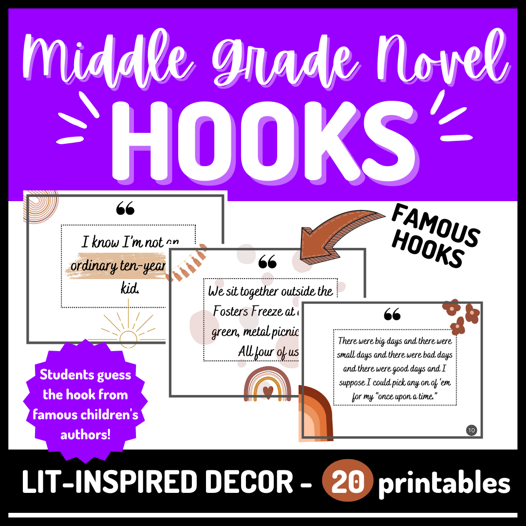 Classroom Decor Middle Grade Book Quotes: HOOKS in Boho and B&W