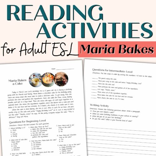 Reading Comprehension Passage and Activities for Beginner and Intermediate ESL | Maria Bakes a Cake's featured image