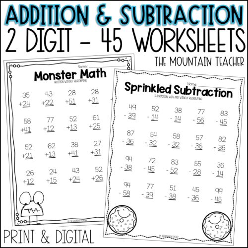 2 Digit Addition and Subtraction Worksheets With and Without Regrouping's featured image