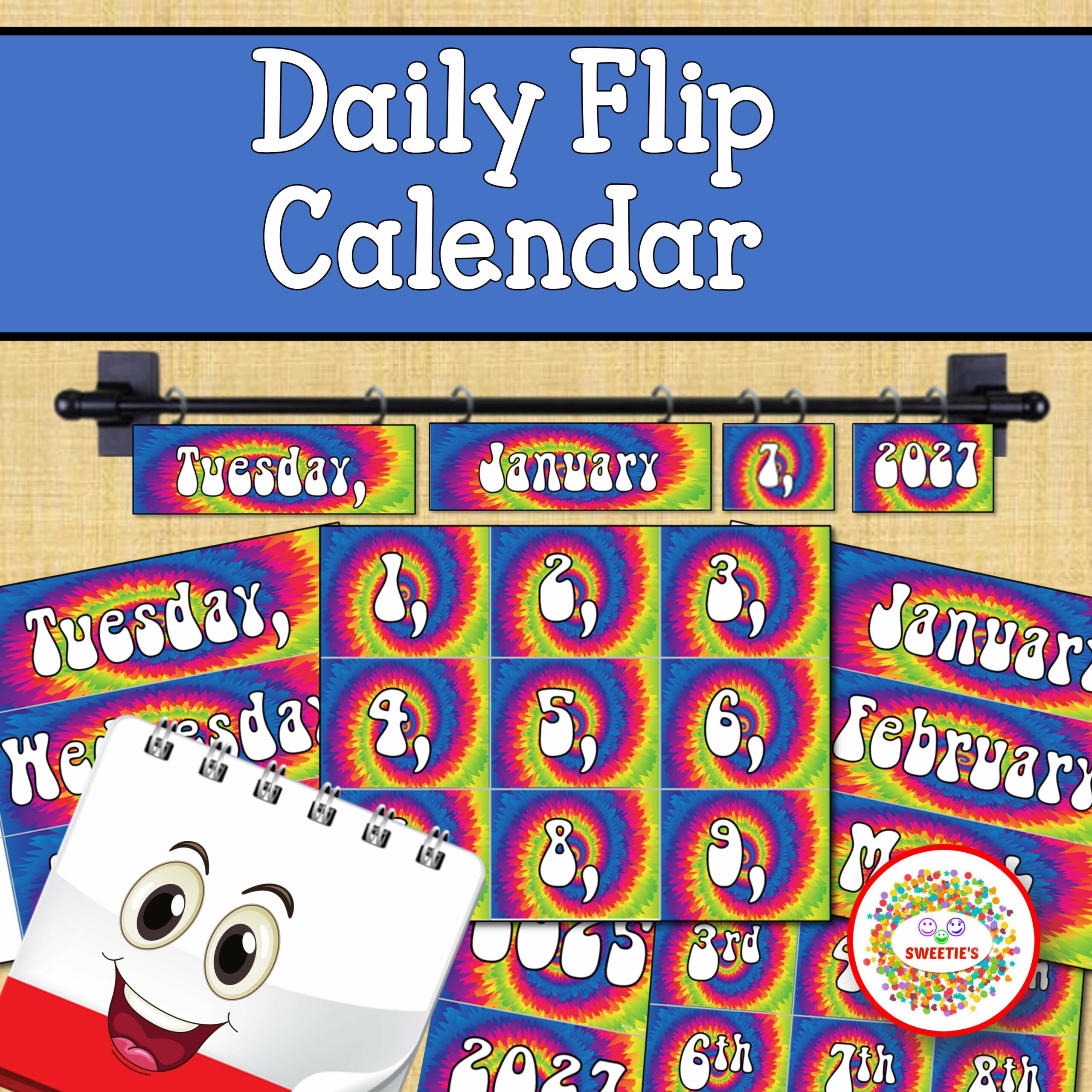 Daily Flip Calendar 2022 to 2051 Tie Dye Retro Theme