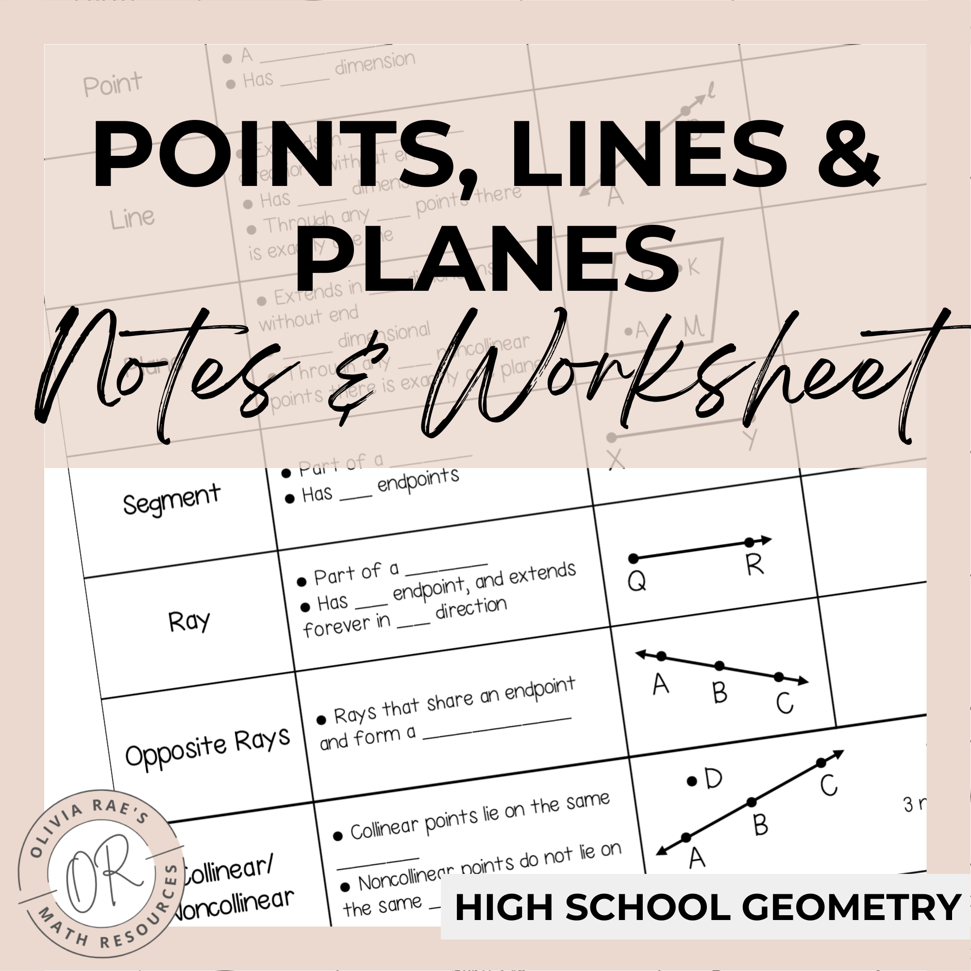 Points, Lines and Planes Notes & Worksheet