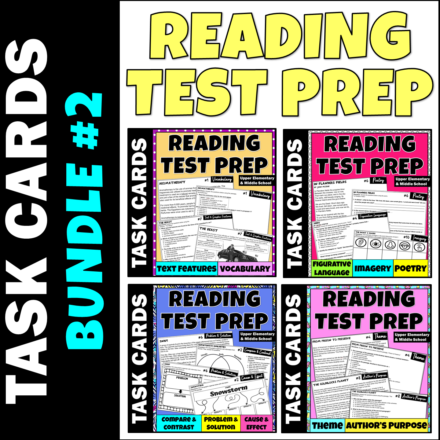 BUNDLE 2 | Reading Comprehension Task Cards | Test Prep 3rd-6th
