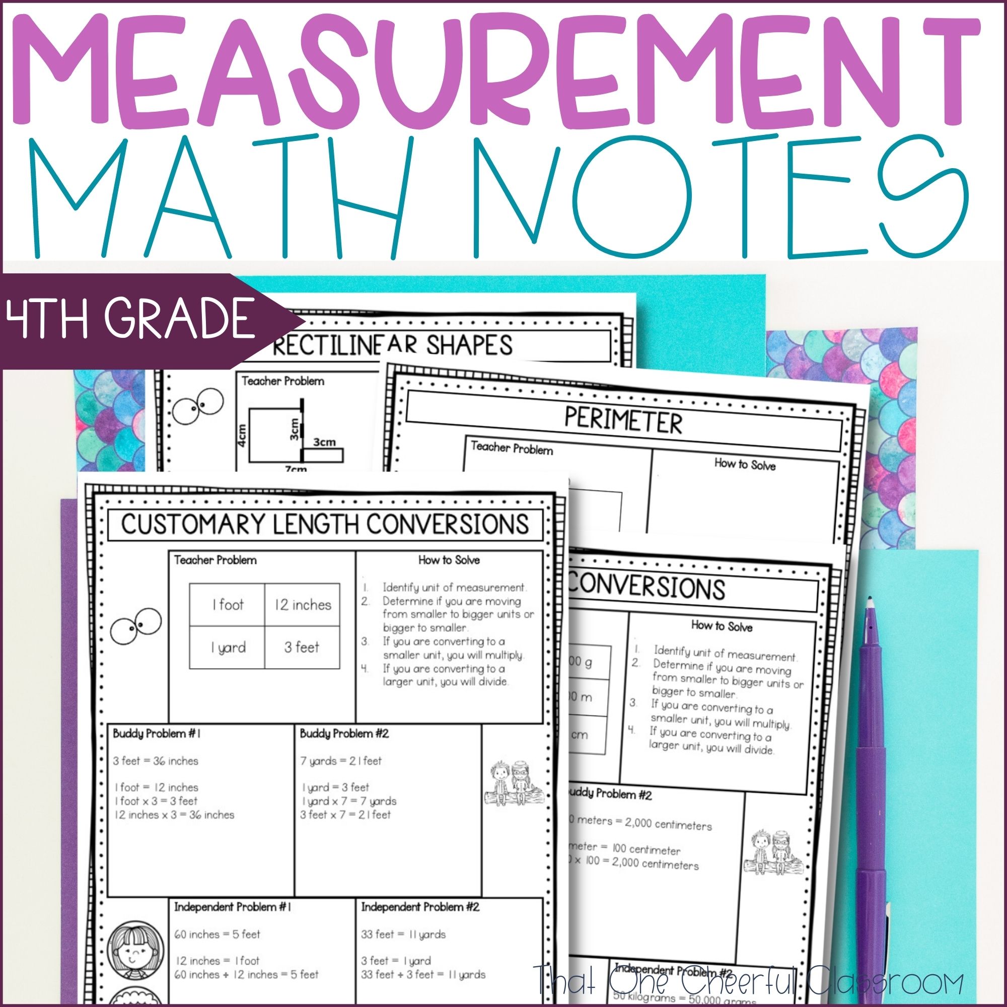 4th Grade Measurement Conversions, Area and Perimeter Math Notes
