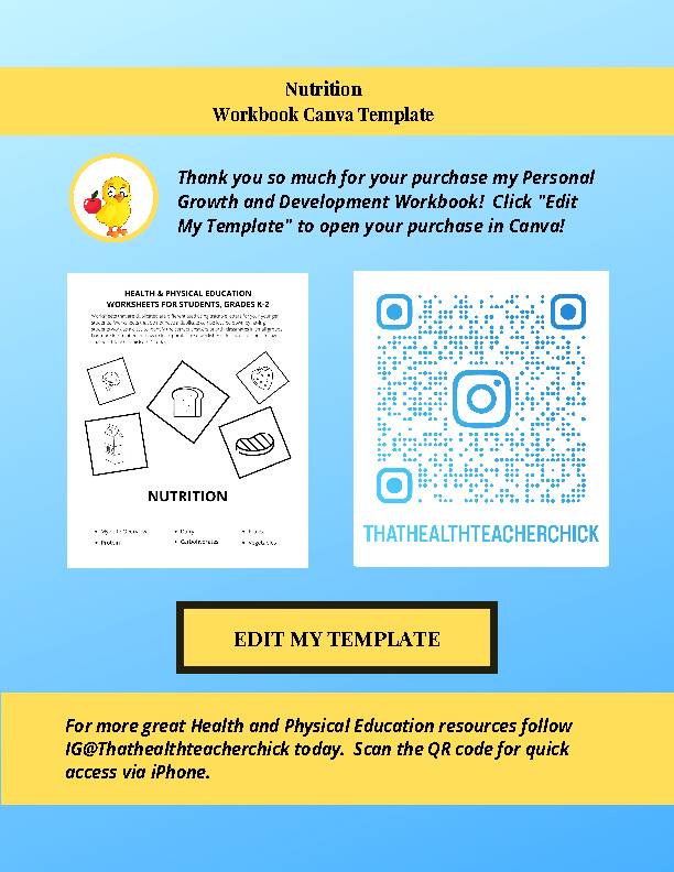 Nutrition Workbook, Grade K-2. EASY TO EDIT CANVA TEMPLATE.