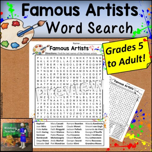 Famous Artists Word Search HARD for Grades 5 to Adult's featured image