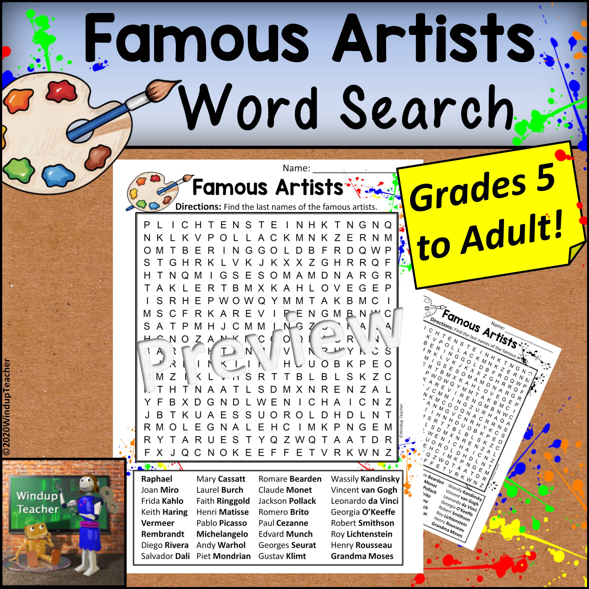 Famous Artists Word Search HARD for Grades 5 to Adult