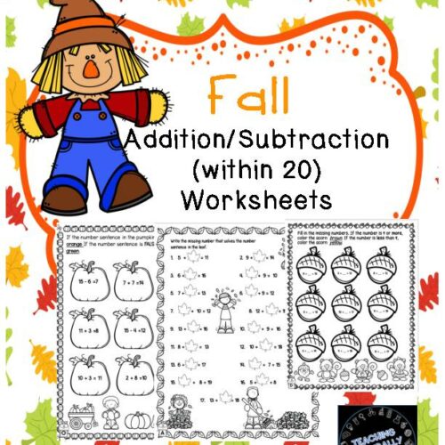 Fall Autumn Adding and Subtracting Within 20 Worksheets's featured image