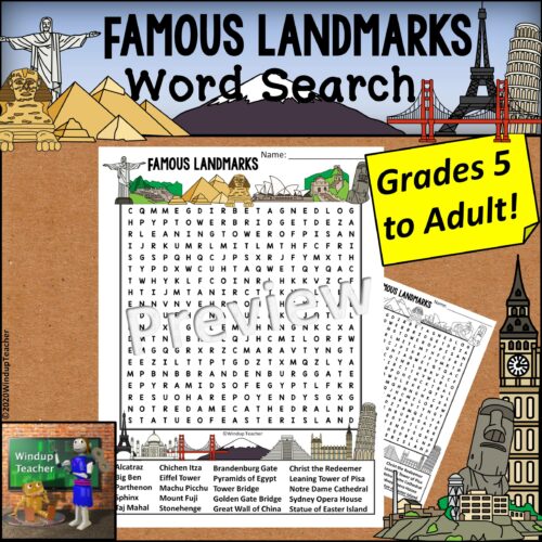 Famous Landmarks Word Search - Hard for Grades 5 to Adult's featured image