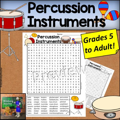 Percussion Instruments Word Search HARD for Grades 5 to Adult's featured image
