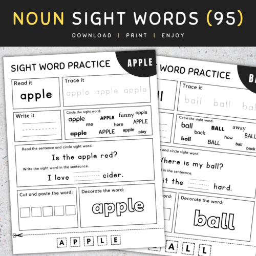 Noun Sight Words: 95 Nouns, Sight Words Worksheets, [SET 1]'s featured image