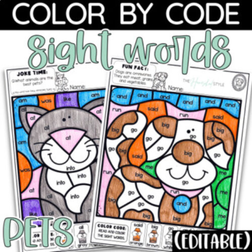 Pets Editable Color by Code Sight Word Practice Morning Work Worksheets's featured image