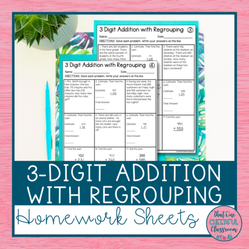 3-Digit Addition with Regrouping Math Homework Worksheets's featured image