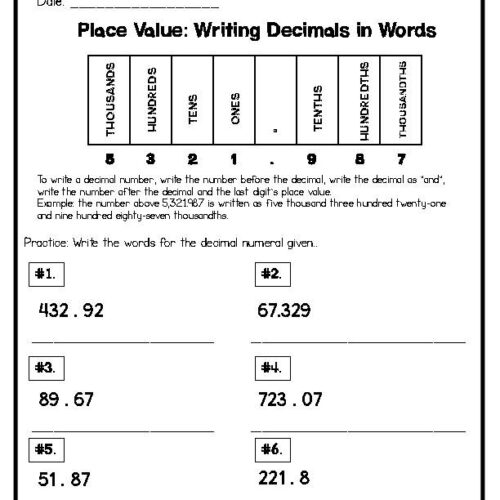 Place Value Writing Decimals as Numerals and Words Worksheets Printable ...