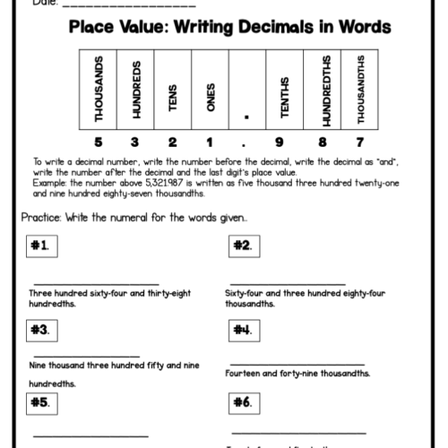 Place Value Writing Decimals as Numerals and Words Worksheets Printable ...