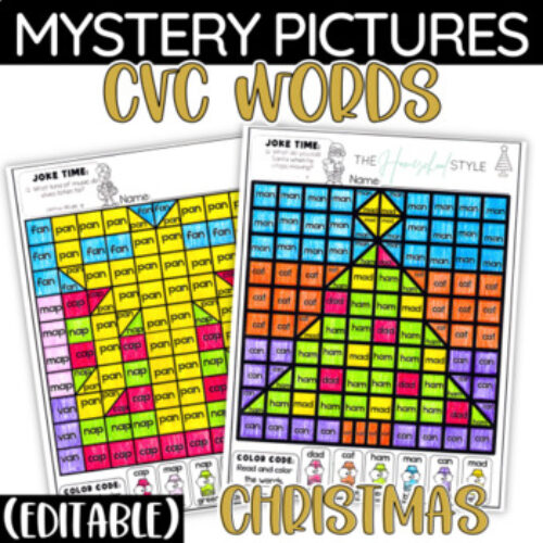 Christmas Color by CVC Words Mystery Pictures Editable Worksheets's featured image