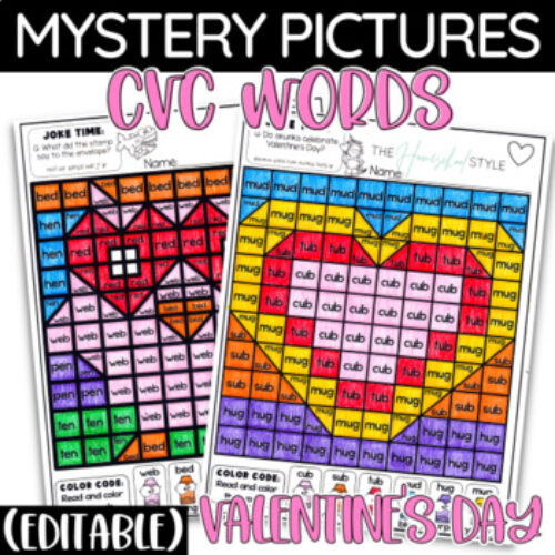 Valentine's Day Color by CVC Words Mystery Pictures Editable Worksheets's featured image