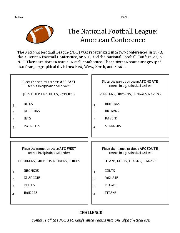 Football: NFL: Alphabetical Order