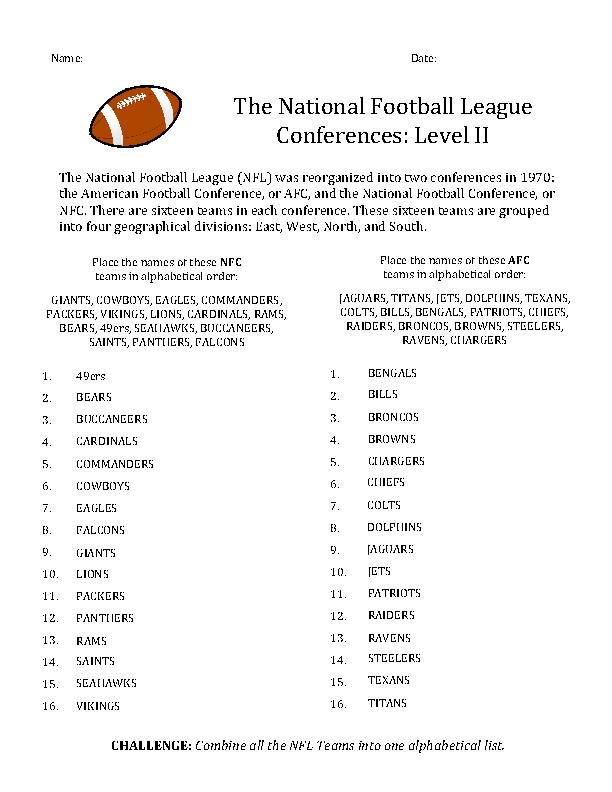 Football- NFL- Alphabetical Order - Classful