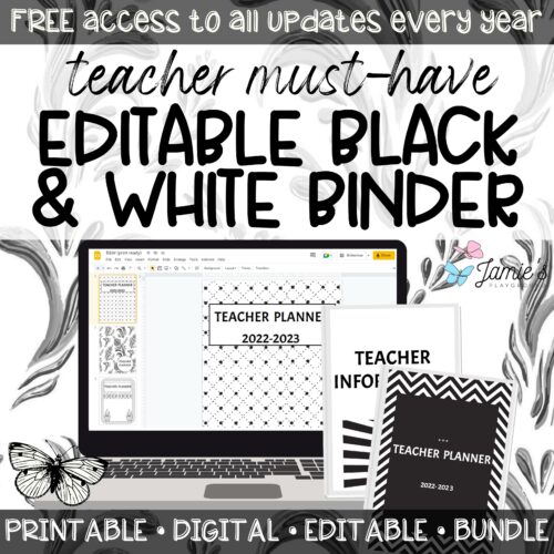 Editable Teacher Binder and Planner 2023 | FREE Updates Every Year | Black White's featured image