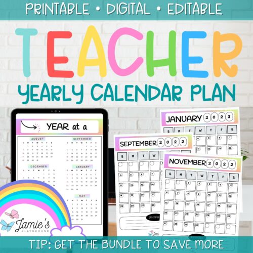 Editable Teacher Binder | Year and Month at a Glance Calendar 2023 | Rainbow's featured image