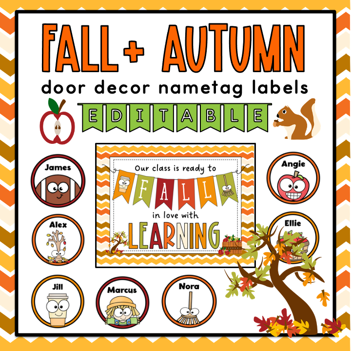 Fall Autumn Door Decor Editable Nametag Labels | Bulletin Board