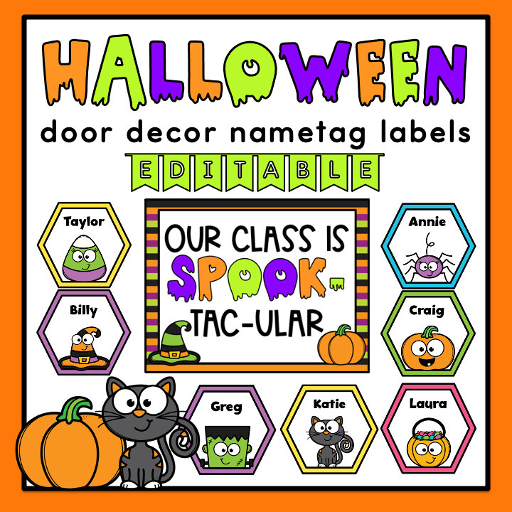 Halloween Door Decor | Editable Nametag Labels | Bulletin Board