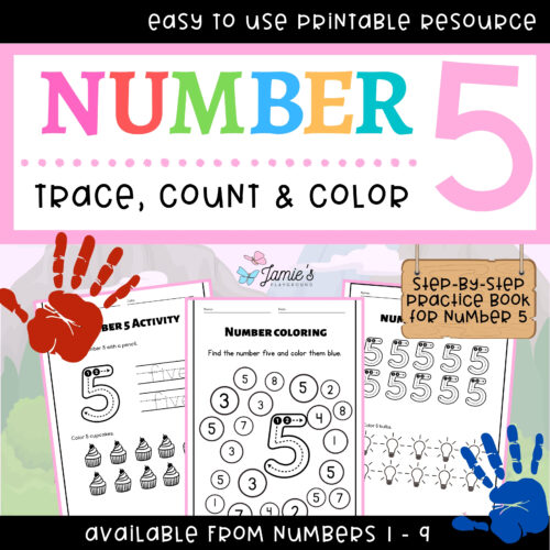 Number Writing and Tracing Activity: Trace, Count, and Color (Number 5) No Prep's featured image