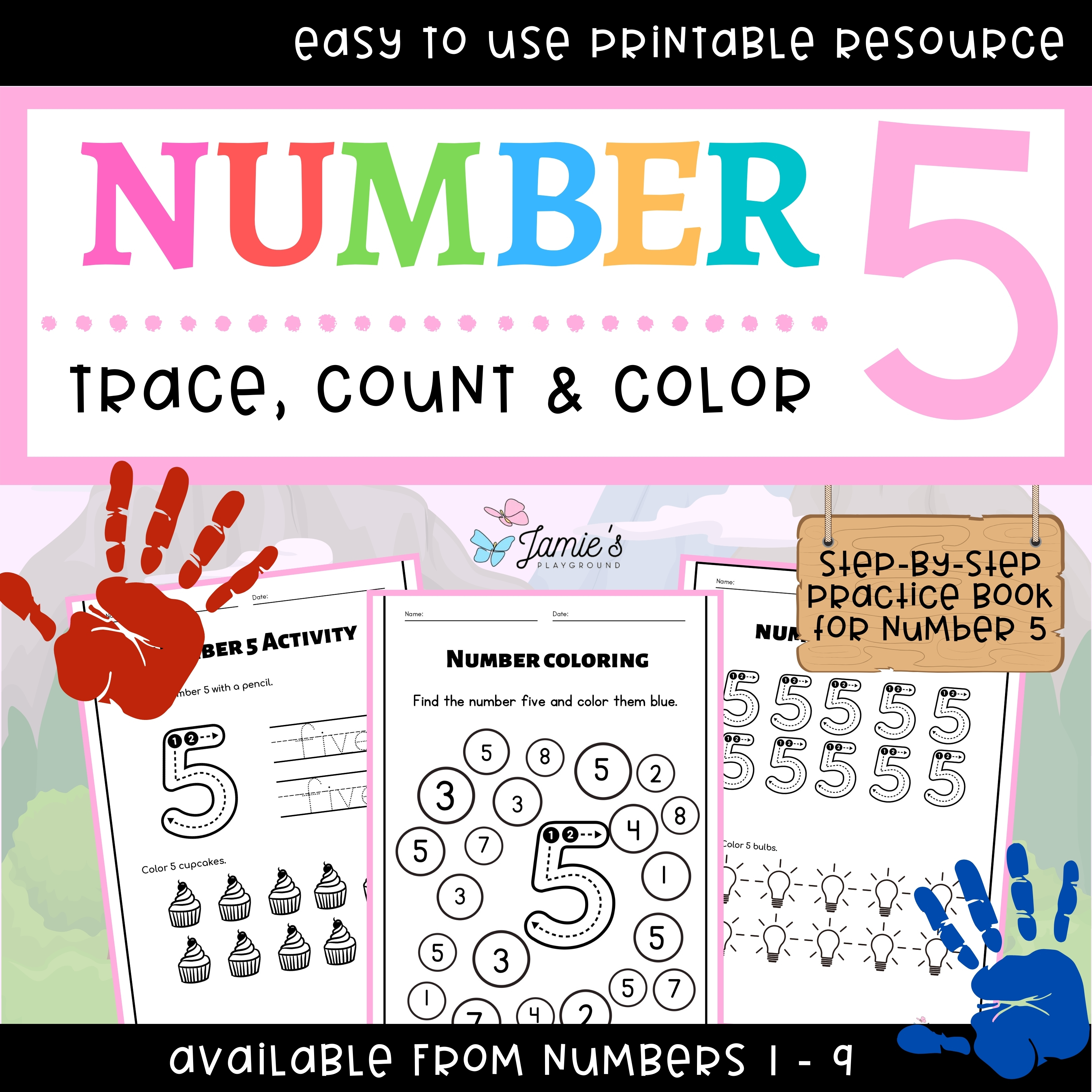 Number Writing and Tracing Activity- Trace, Count, and Color (Number 5 ...