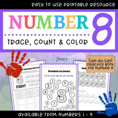 Number Writing and Tracing Activity: Trace, Count, and Color (Number 8) No Prep's featured image