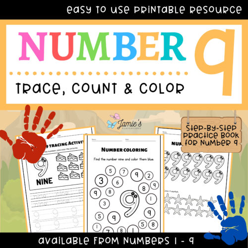 Number Writing and Tracing Activity: Trace, Count, and Color (Number 9) No Prep's featured image