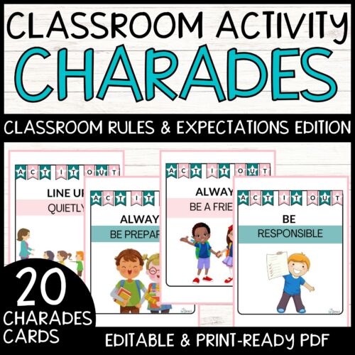 Classroom Rules Charades Cards EDITABLE (Pink/Teal): Back to School Activity's featured image