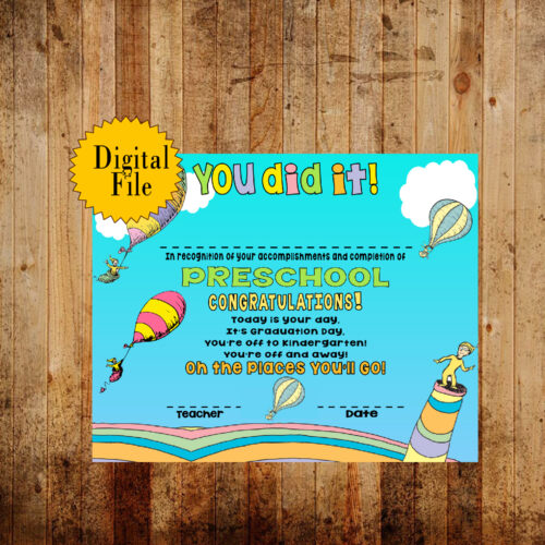 Oh The Places You Will Go Pre-K Graduation Certificate, Digital Download's featured image