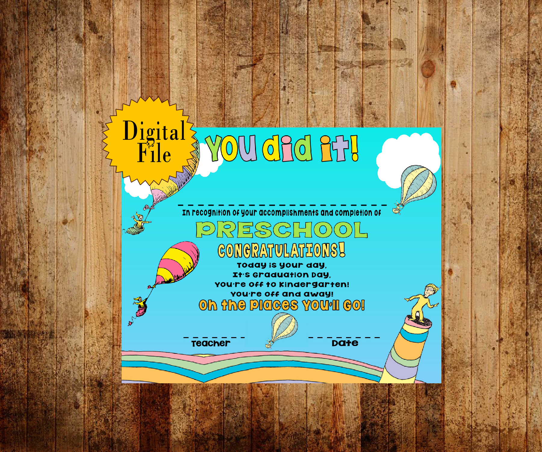 Oh The Places You Will Go Pre-K Graduation Certificate, Digital Download
