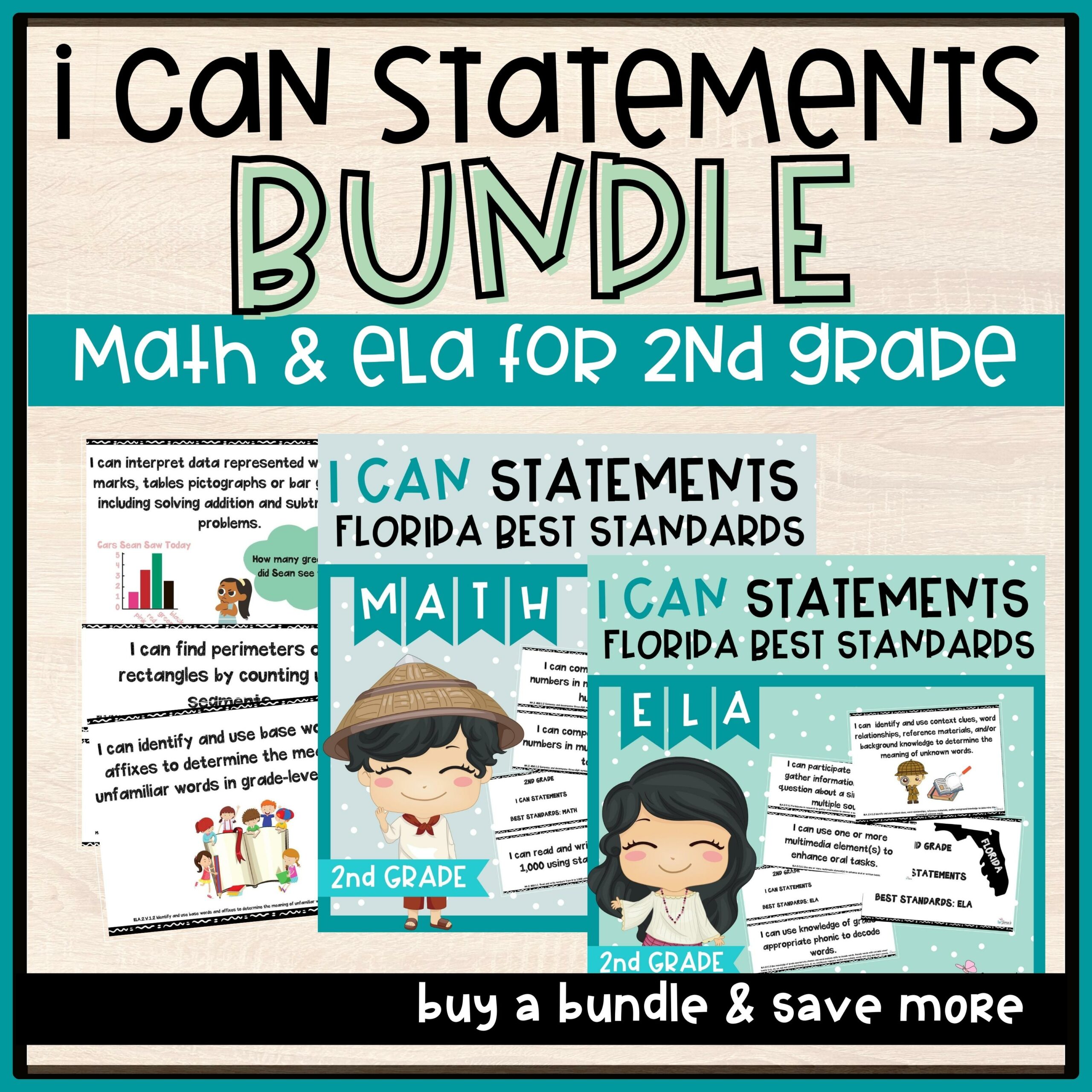 Florida BEST Standards: 2nd Grade MATH & ELA I Can Statements - BUNDLE