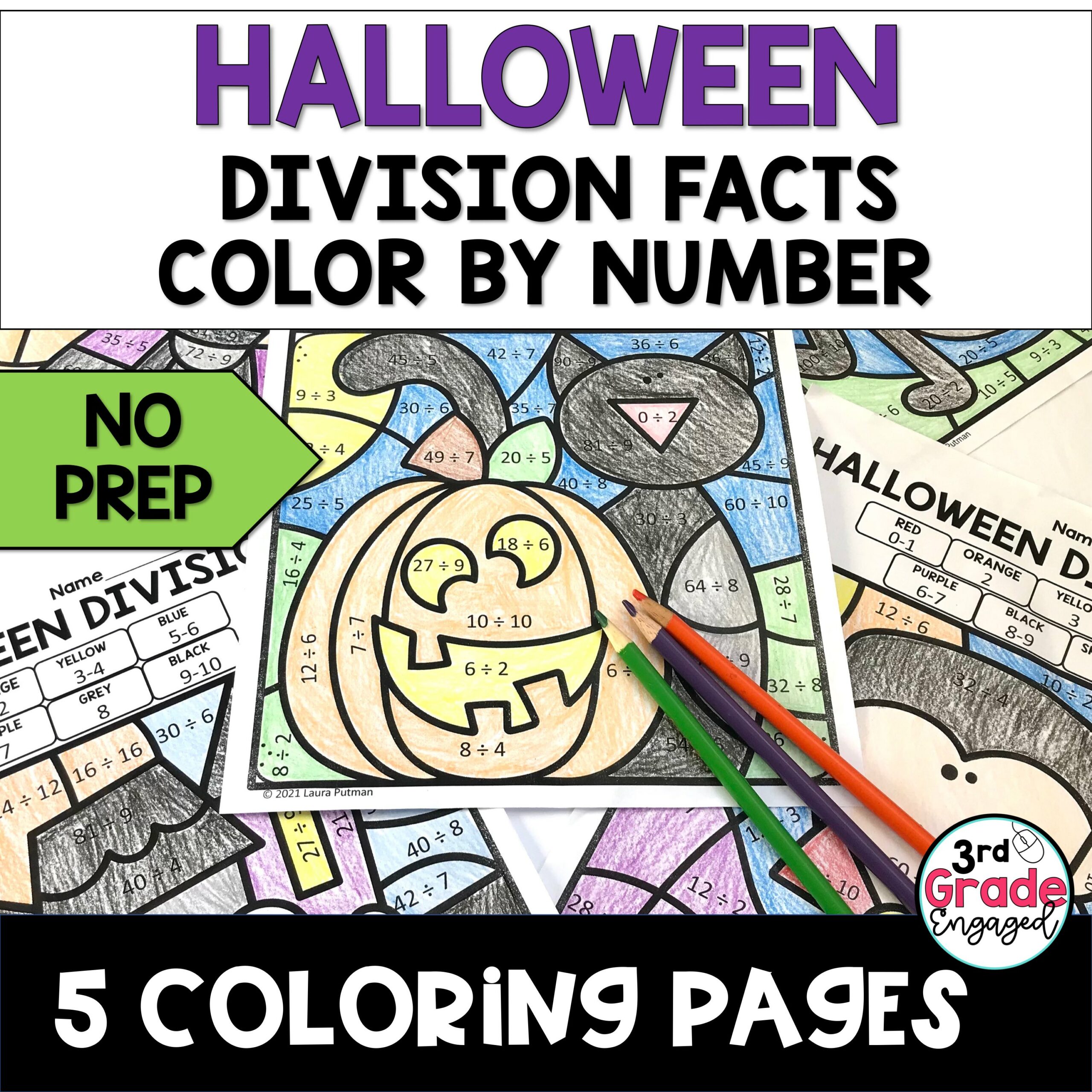 Halloween Division Facts Color by Number Worksheets
