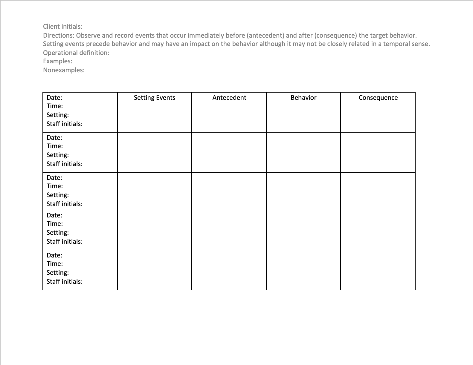 ABC Data Collection Sheet Classful