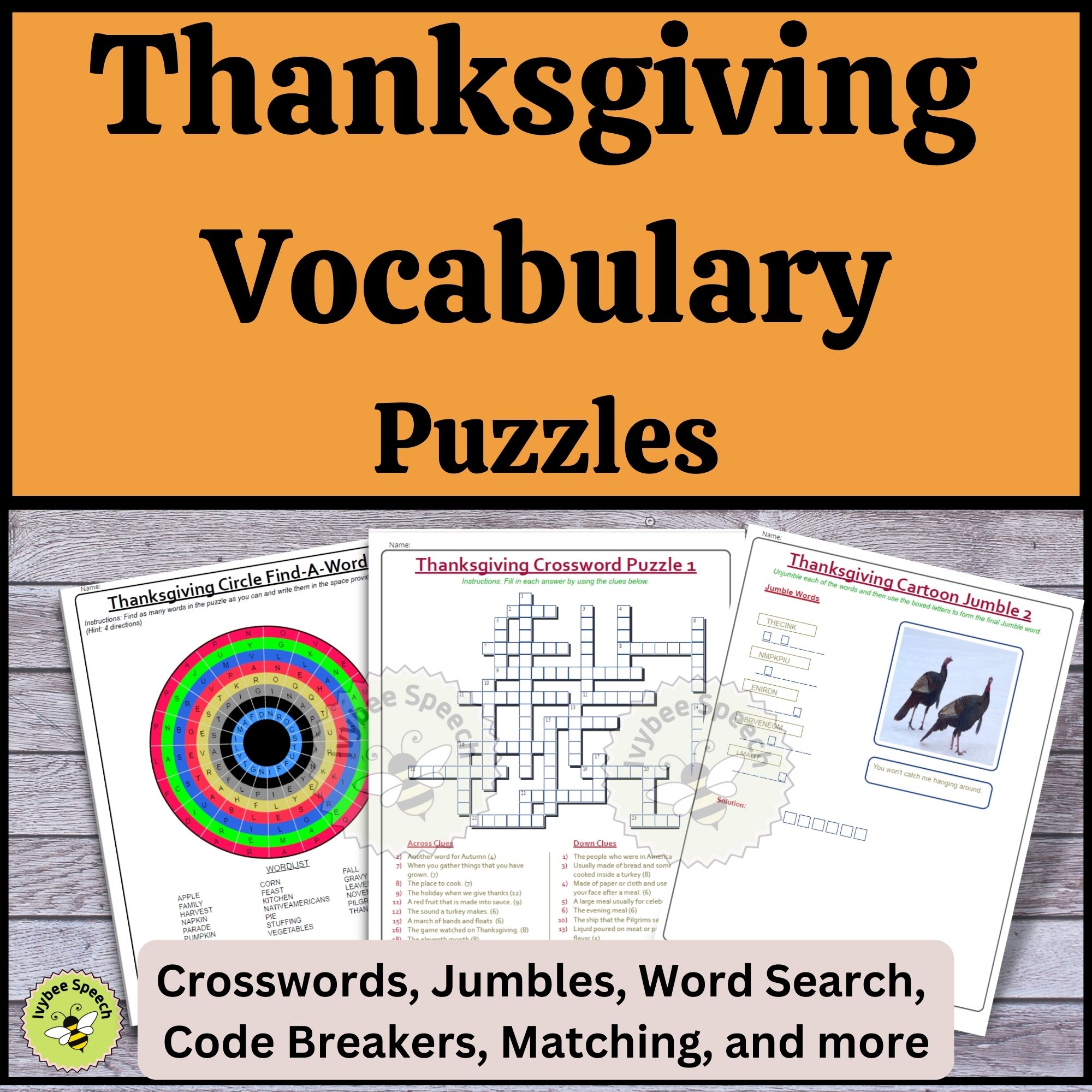 Thanksgiving Vocabulary Puzzles Crosswords Word Searches Code Breakers Jumbles