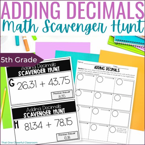 5th Grade Adding Decimals to the Hundredths Math Scavenger Hunt Activity's featured image