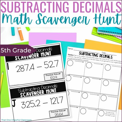 5th Grade Subtracting Decimals to the Hundredths Math Scavenger Hunt Activity's featured image