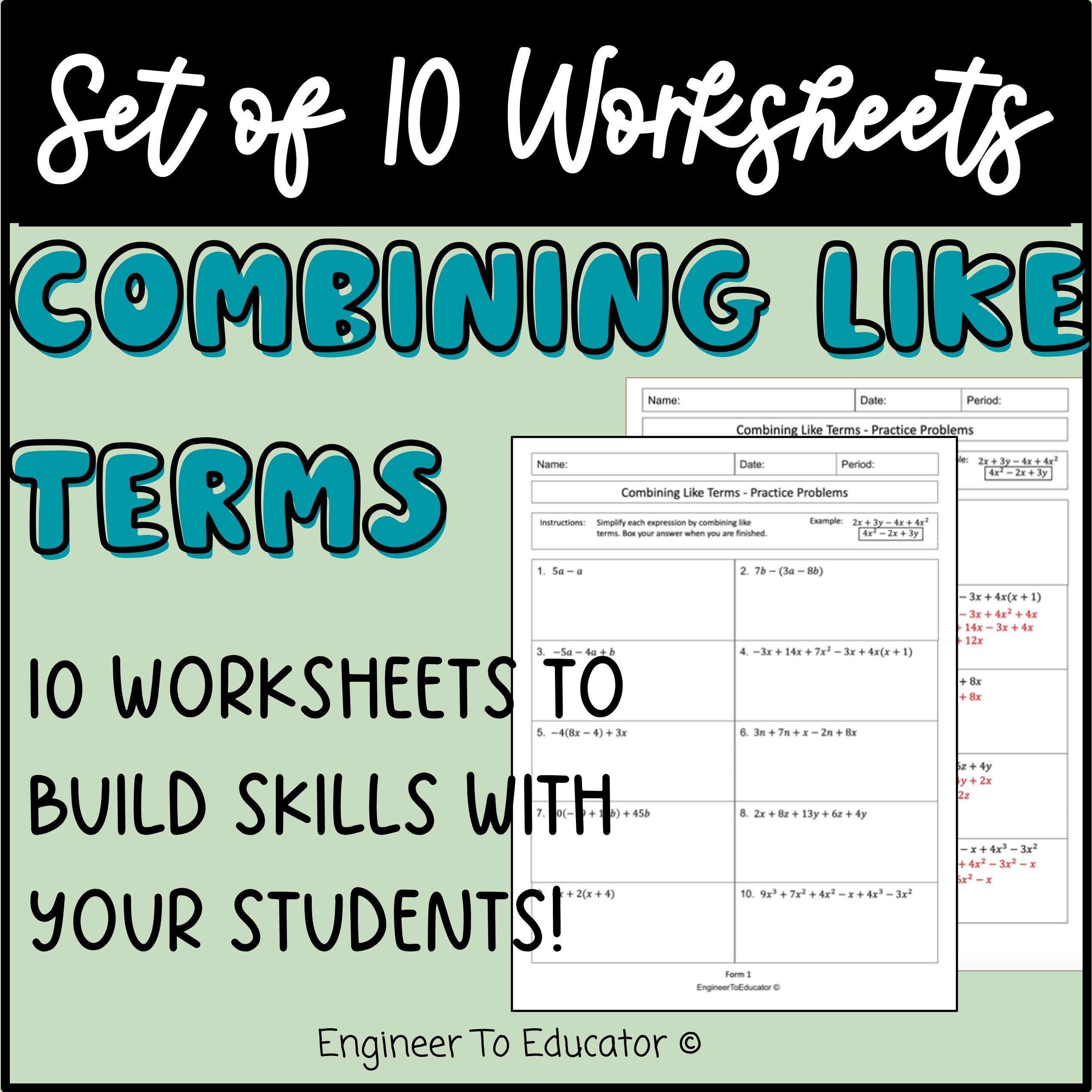 Combining Like Terms Worksheets Bundle