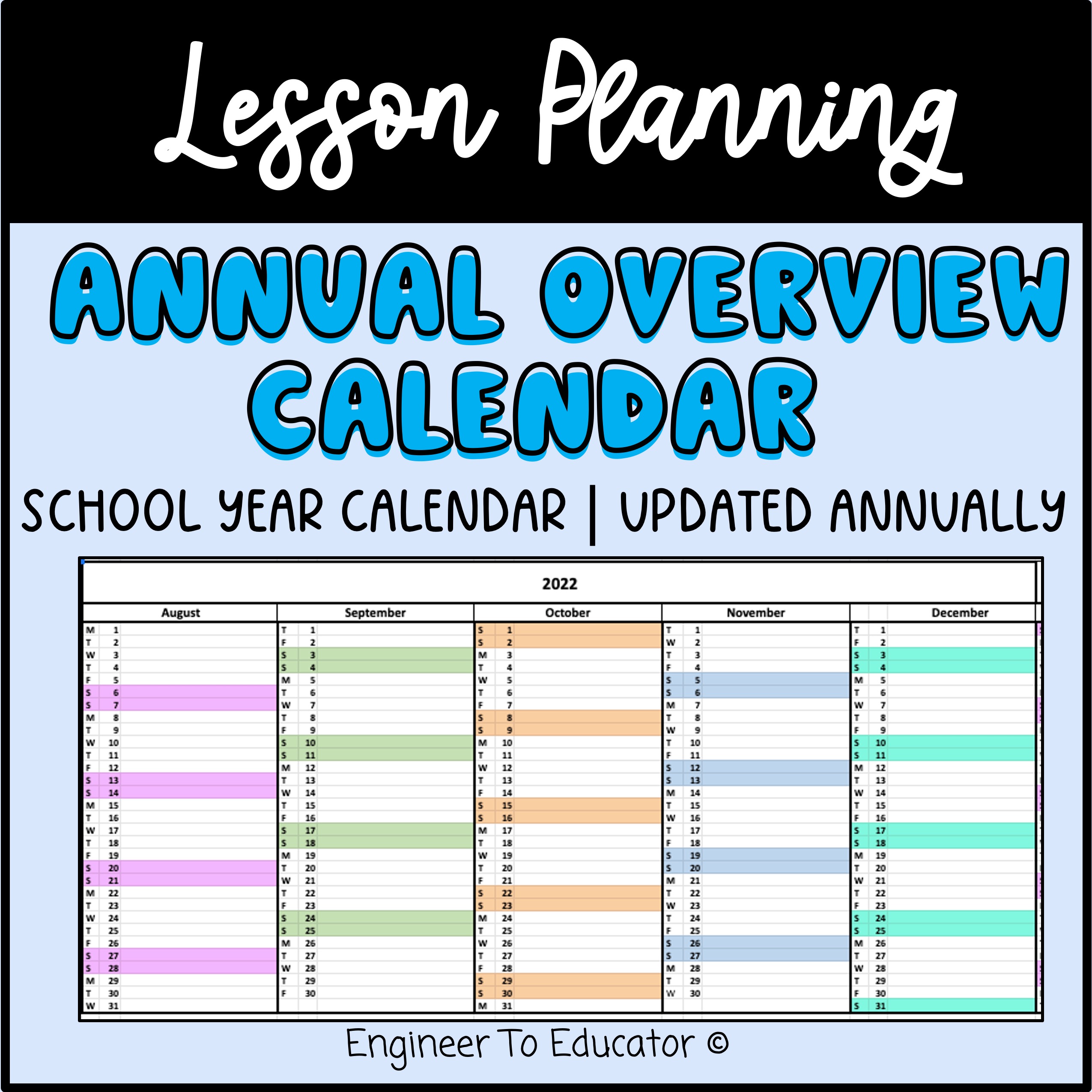 Yearly / Annual Overview Planning Template UPDATED EACH YEAR