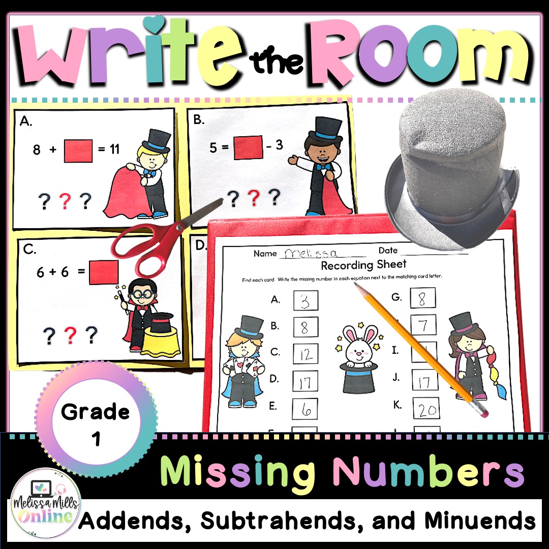 Missing Addends, Subtrahends, and Minuends Write the Room Activity for First Grade