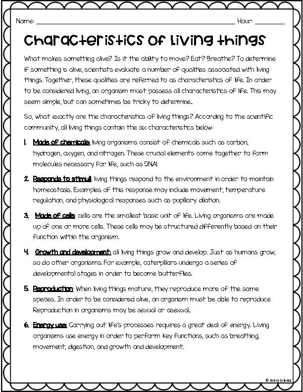 Characteristics of Living Things Reading Passage and CER Worksheet