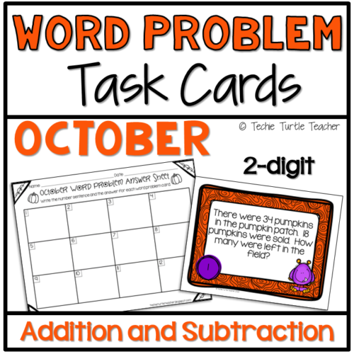 Addition & Subtraction 2-Digit Fall Word Problem Task Cards October's featured image