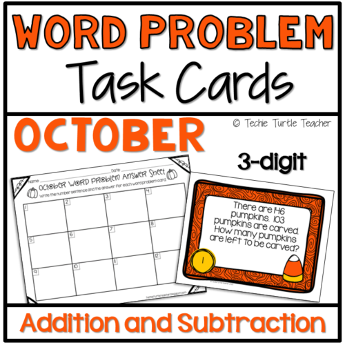 Addition & Subtraction 3-Digit Fall Word Problem Task Cards October's featured image