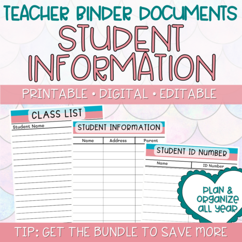 Teacher Binders/Planner - Binder Documents: Student Information Sheets - Pink & Teal Theme's featured image