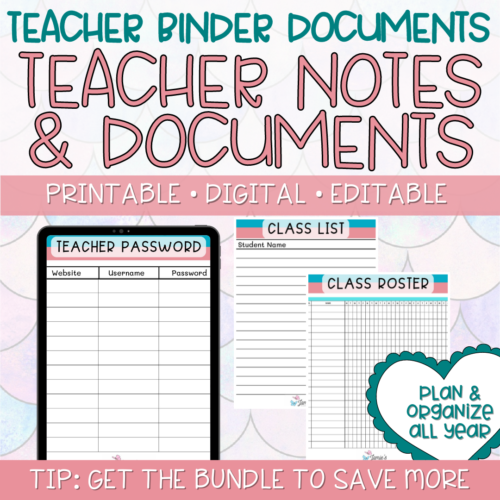 Teacher Binders/Planner - Binder Documents: Teacher Notes & Important Info. - Pink & Teal Theme's featured image